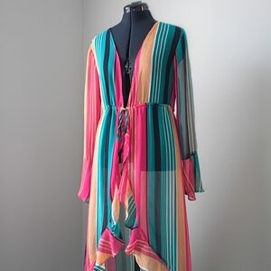 No Boundaries Long Sleeve Striped Maxi Dress in Pink, Teal & Peach
